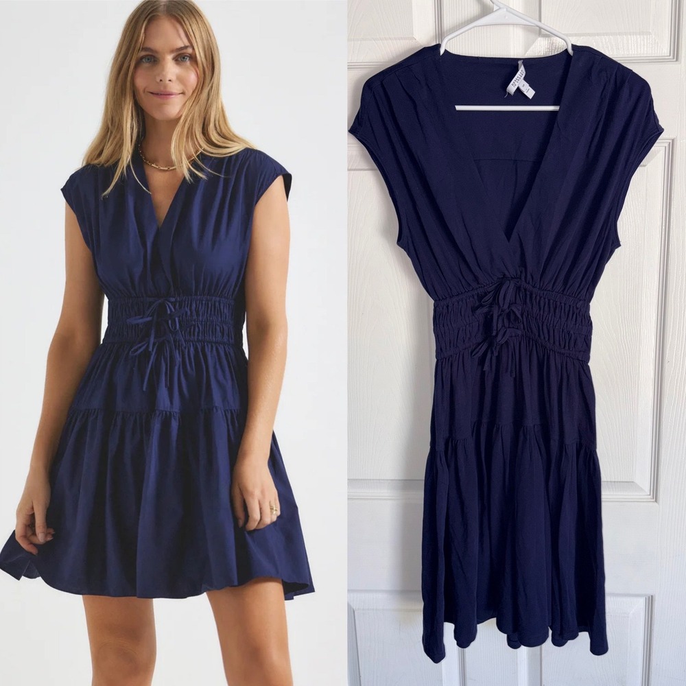 Derek Lam 10 Crosby Tora V-Neck Dress Small Navy Blue Cotton Smocked
